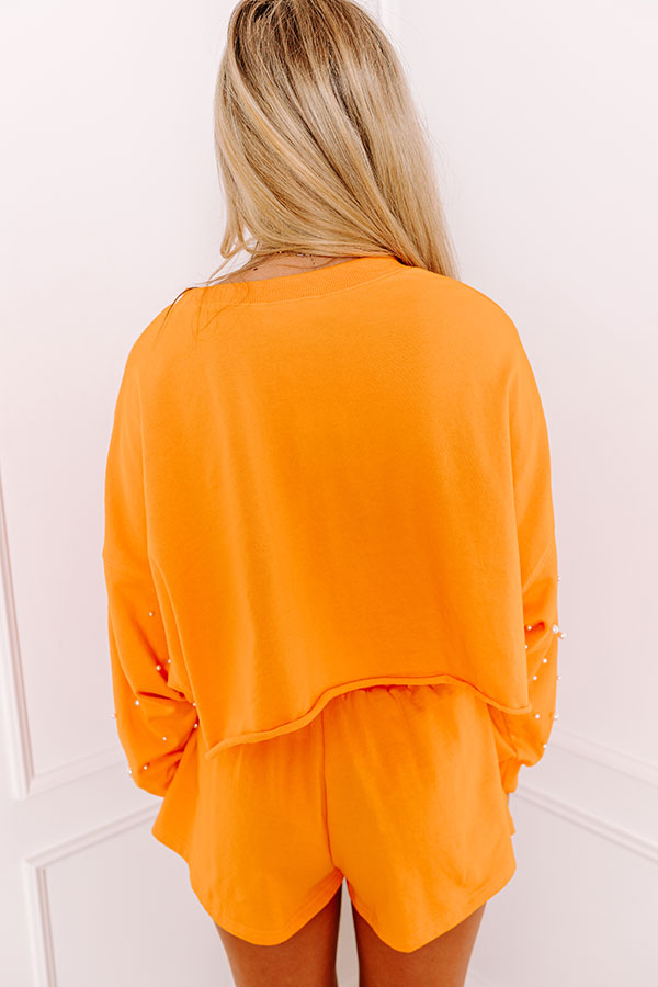 Sideline Chic Pearl Embellished Crop Sweatshirt in Orange