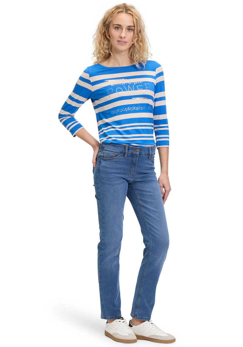 Betty Barclay Embellished Striped Top, Blue and Beige