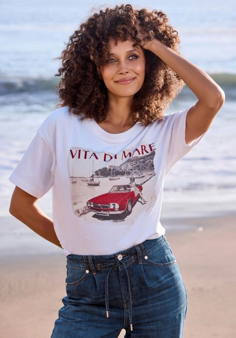 Monari Embellished Car Graphic T-Shirt, White