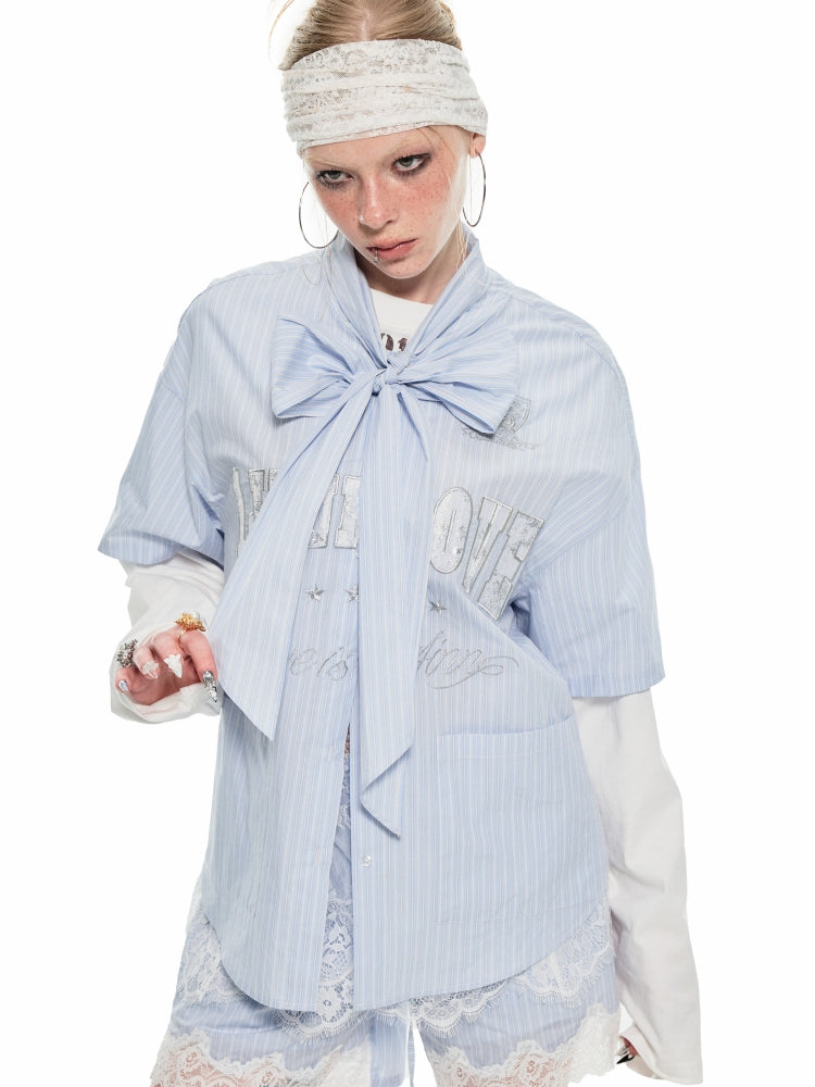 Blue & White Bow-tie Embellished Shirt