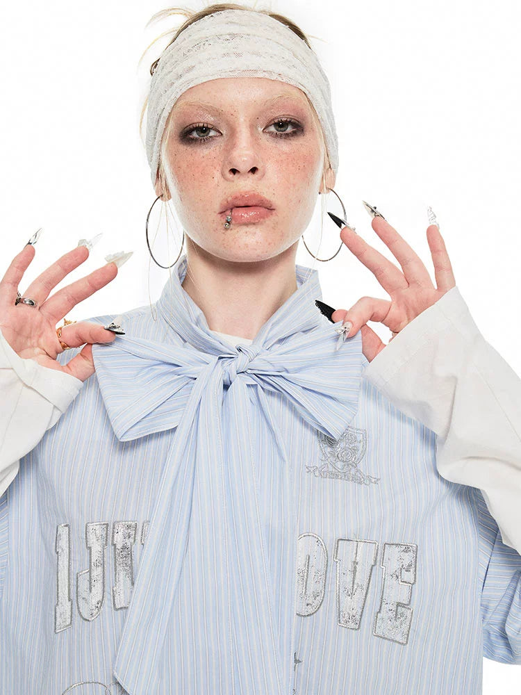 Blue & White Bow-tie Embellished Shirt