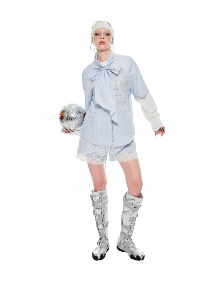 Blue & White Bow-tie Embellished Shirt