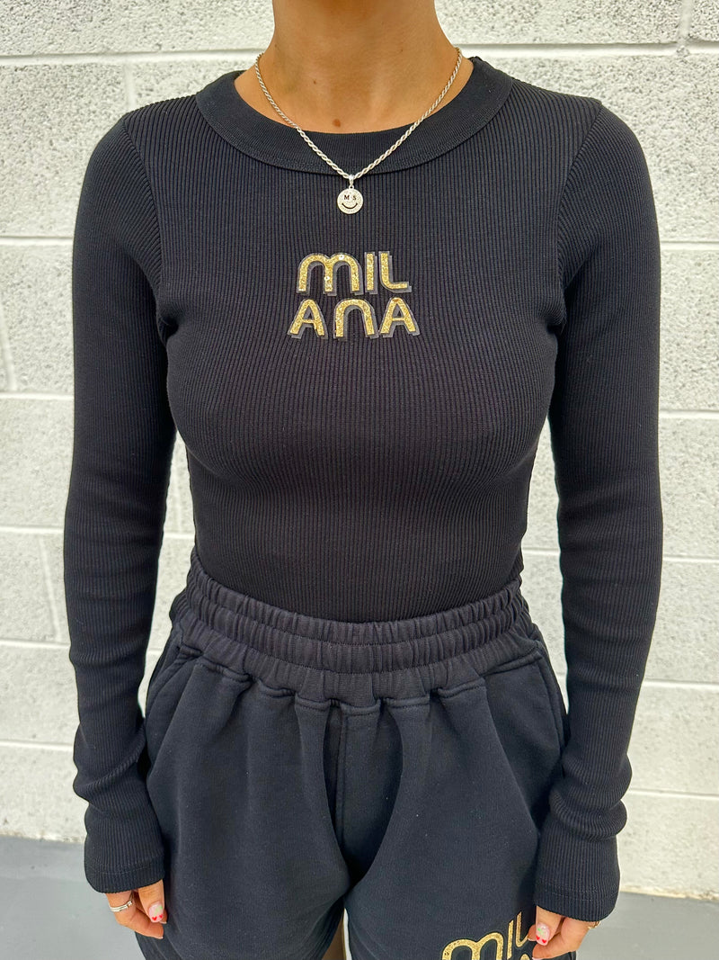 Black Embellished Ribbed Long Sleeve.