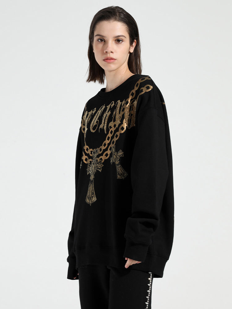 TCH Loose-Fit Rhinestone Embellished Crewneck Cotton Sweatshirt