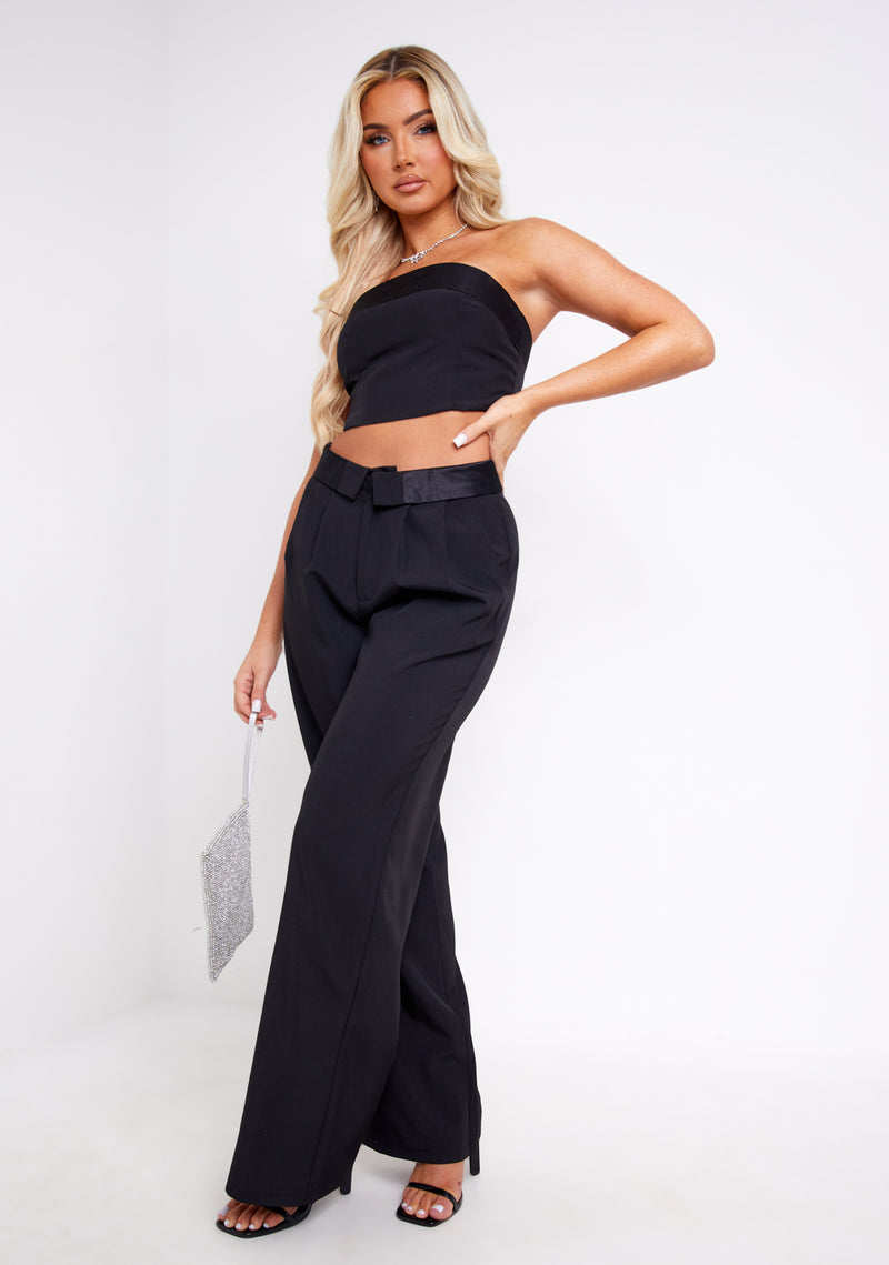 Kaysie Black Satin Fold Over Bandeau Top