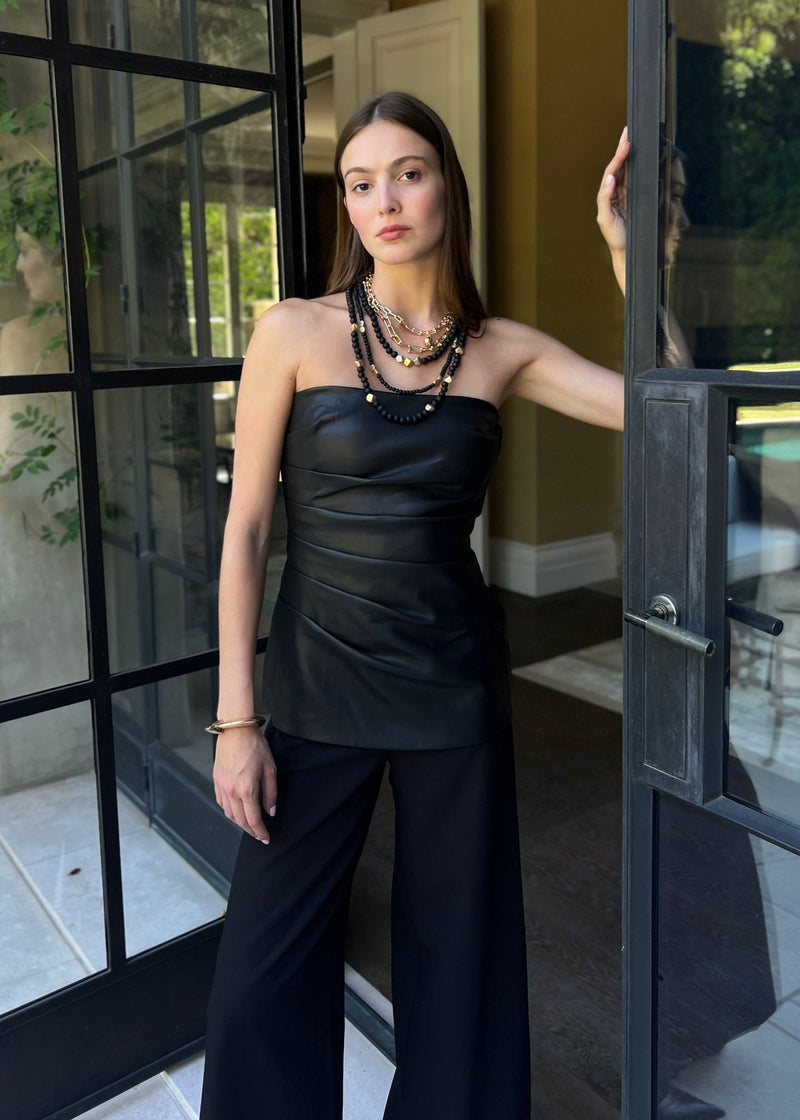 Adrianna Side Gathered Black Vegan Leather Bandeau Top