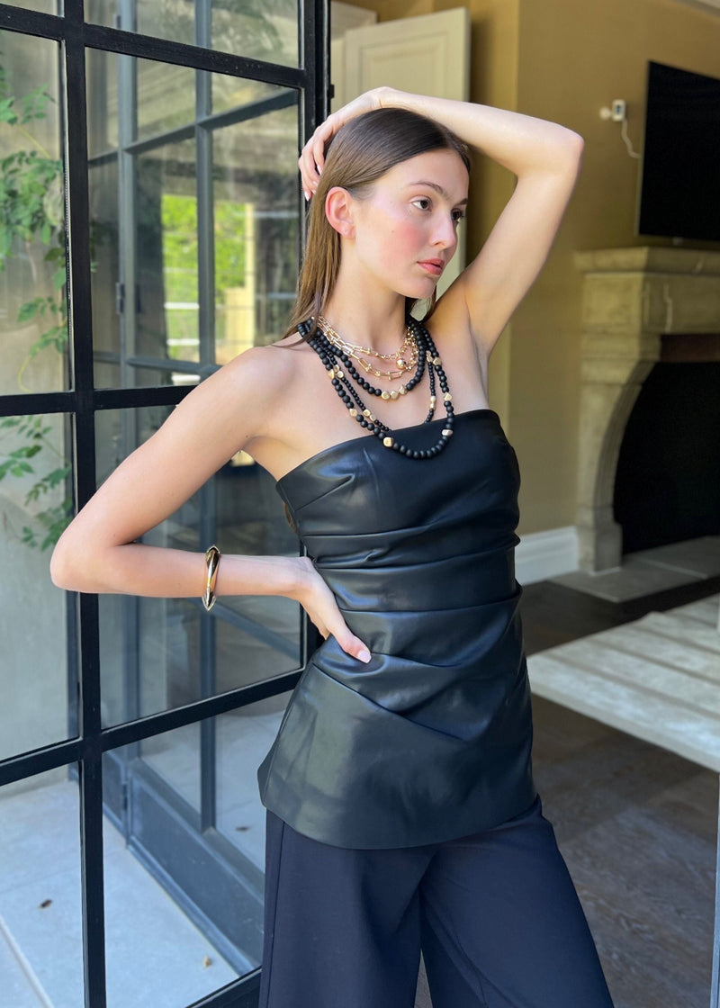 Adrianna Side Gathered Black Vegan Leather Bandeau Top