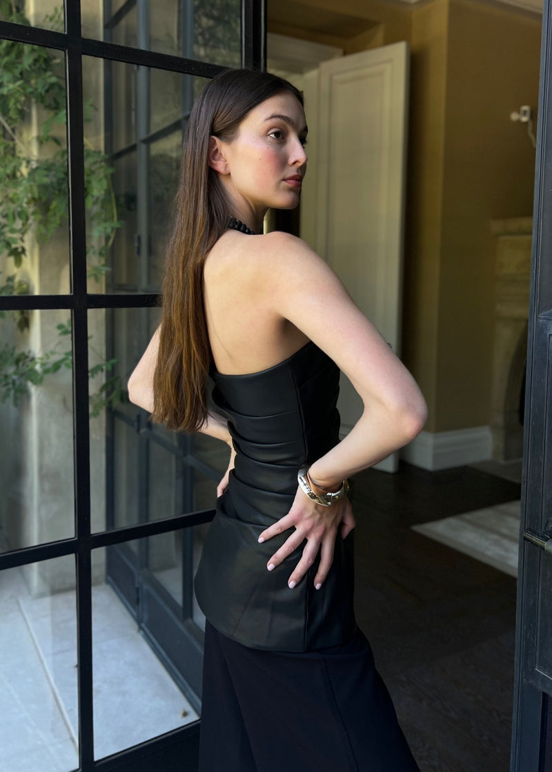 Adrianna Side Gathered Black Vegan Leather Bandeau Top