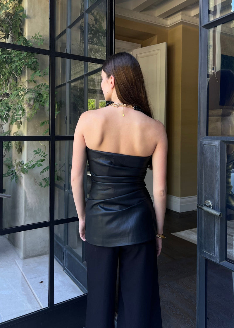 Adrianna Side Gathered Black Vegan Leather Bandeau Top