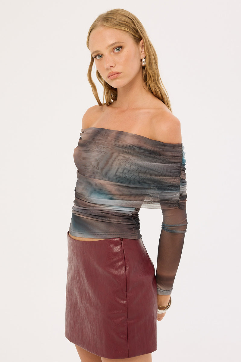 Luck & Trouble Meteor Elyse Off Shoulder Recycled Top Blur Print