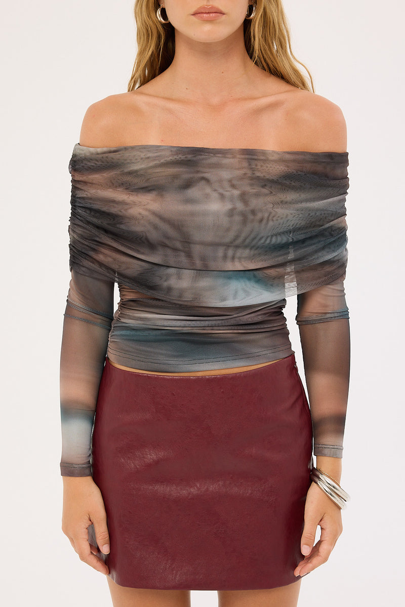 Luck & Trouble Meteor Elyse Off Shoulder Recycled Top Blur Print