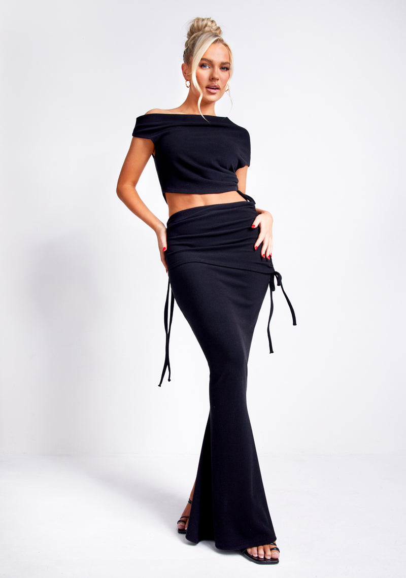 Freya Black Off The Shoulder Ruched Crop Top