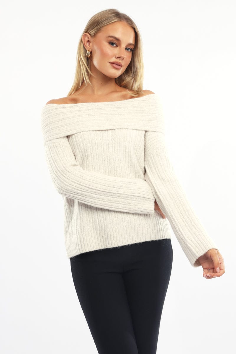 Beige Off Shoulder Knit Long Sleeve
