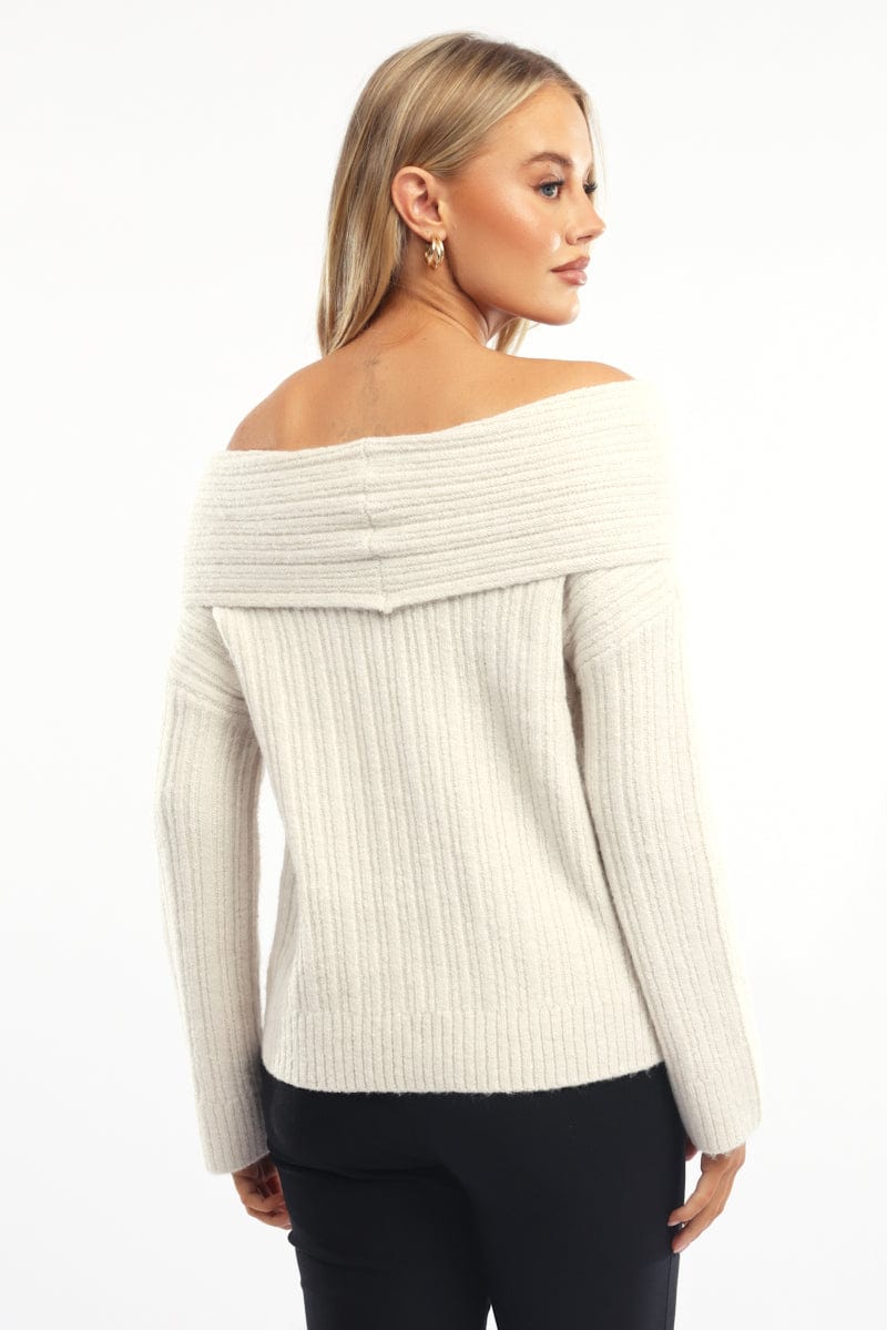 Beige Off Shoulder Knit Long Sleeve
