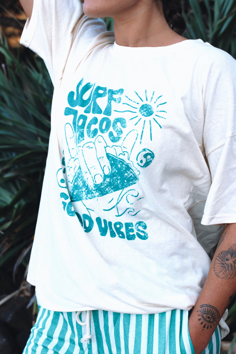 Surf, tacos & good vibes oversized hemp tee - Retro green - Ladies