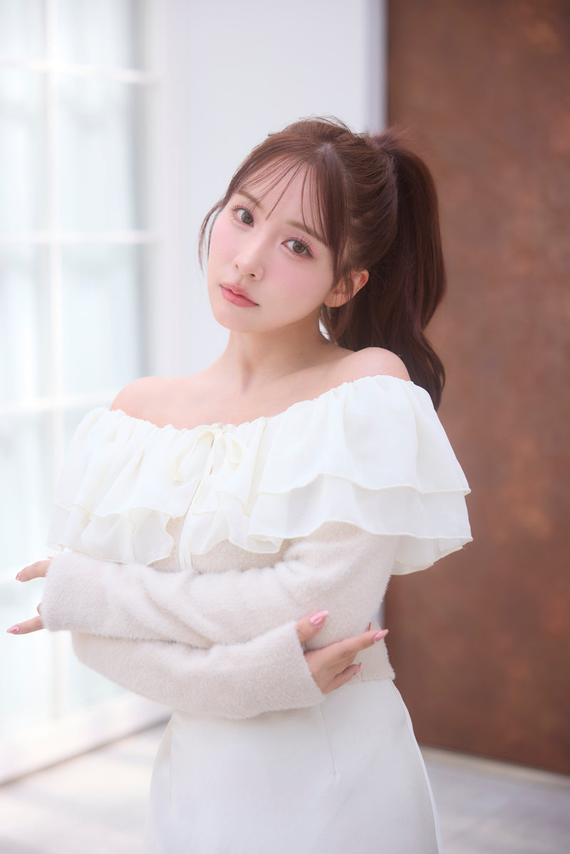Double Raffle Off Shoulder Knit Top