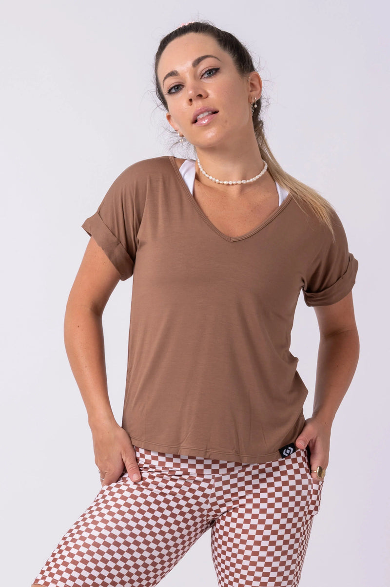 Slinky To Touch V Neck Cuffed Sleeve Tee - Chocolate