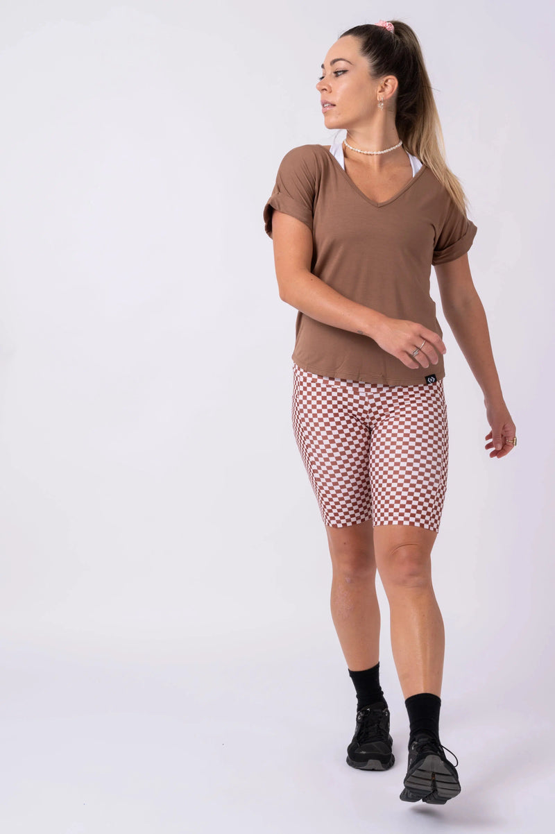 Slinky To Touch V Neck Cuffed Sleeve Tee - Chocolate
