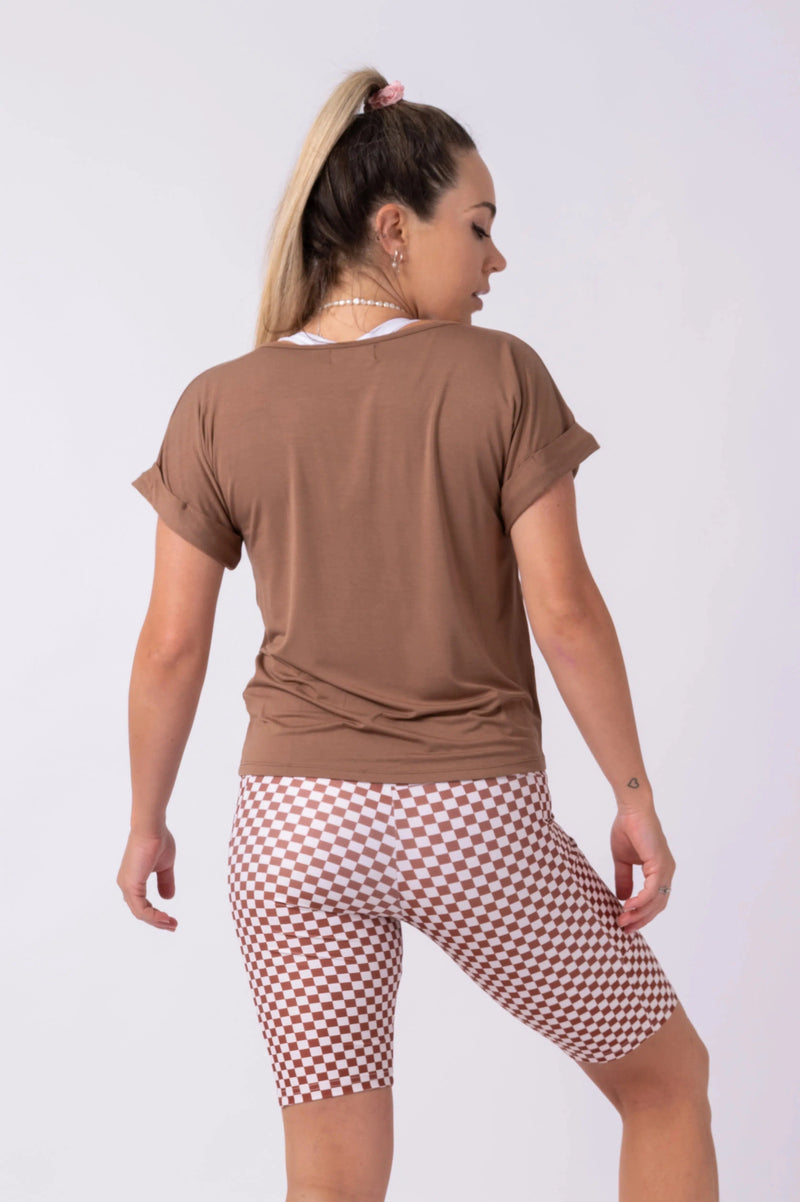 Slinky To Touch V Neck Cuffed Sleeve Tee - Chocolate