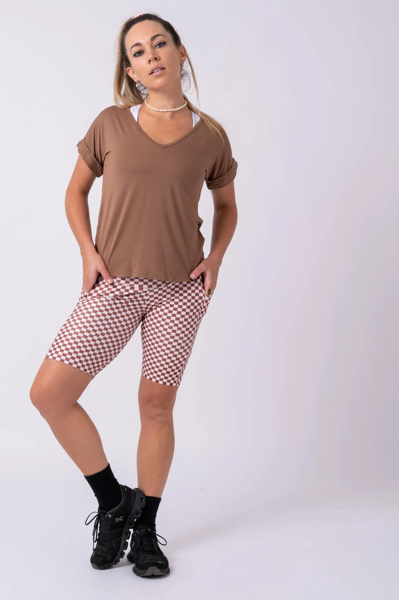 Slinky To Touch V Neck Cuffed Sleeve Tee - Chocolate