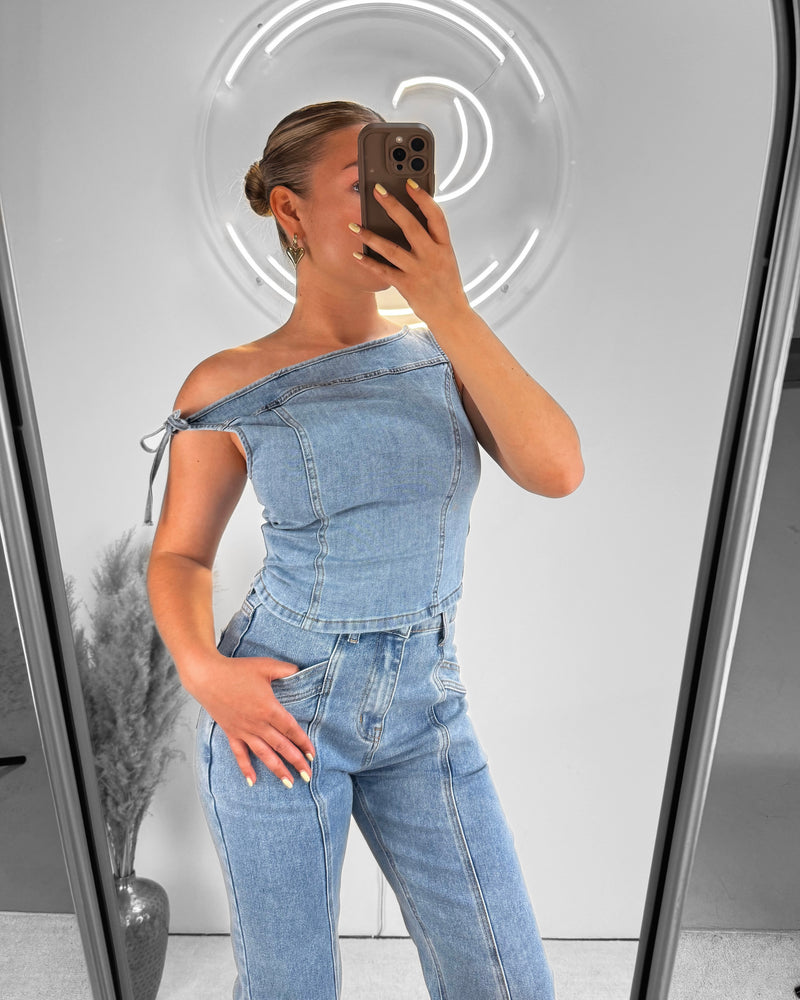 Denim off-shoulder top blue