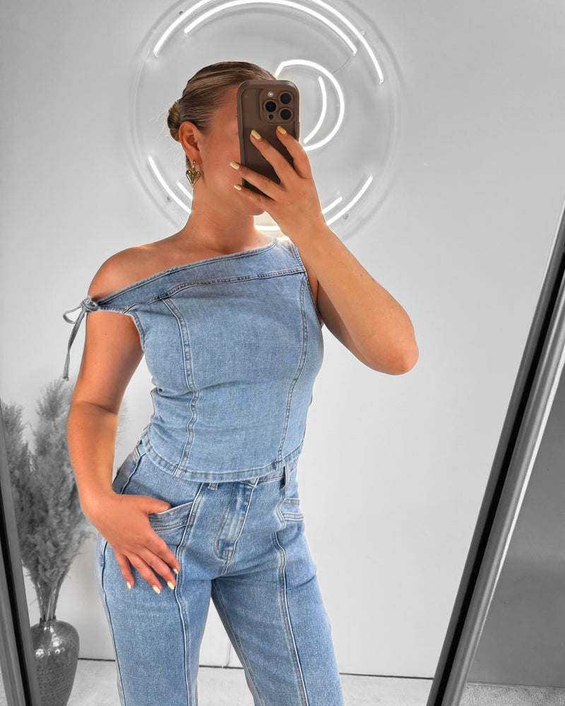 Denim off-shoulder top blue