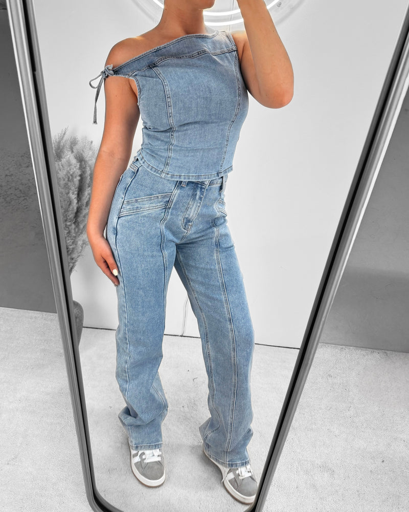 Denim off-shoulder top blue