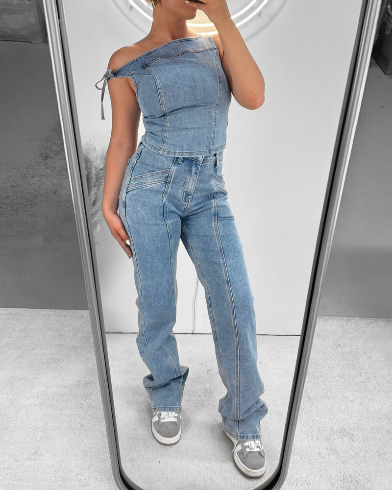 Denim off-shoulder top blue