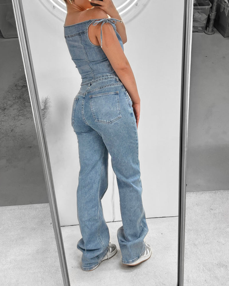 Denim off-shoulder top blue