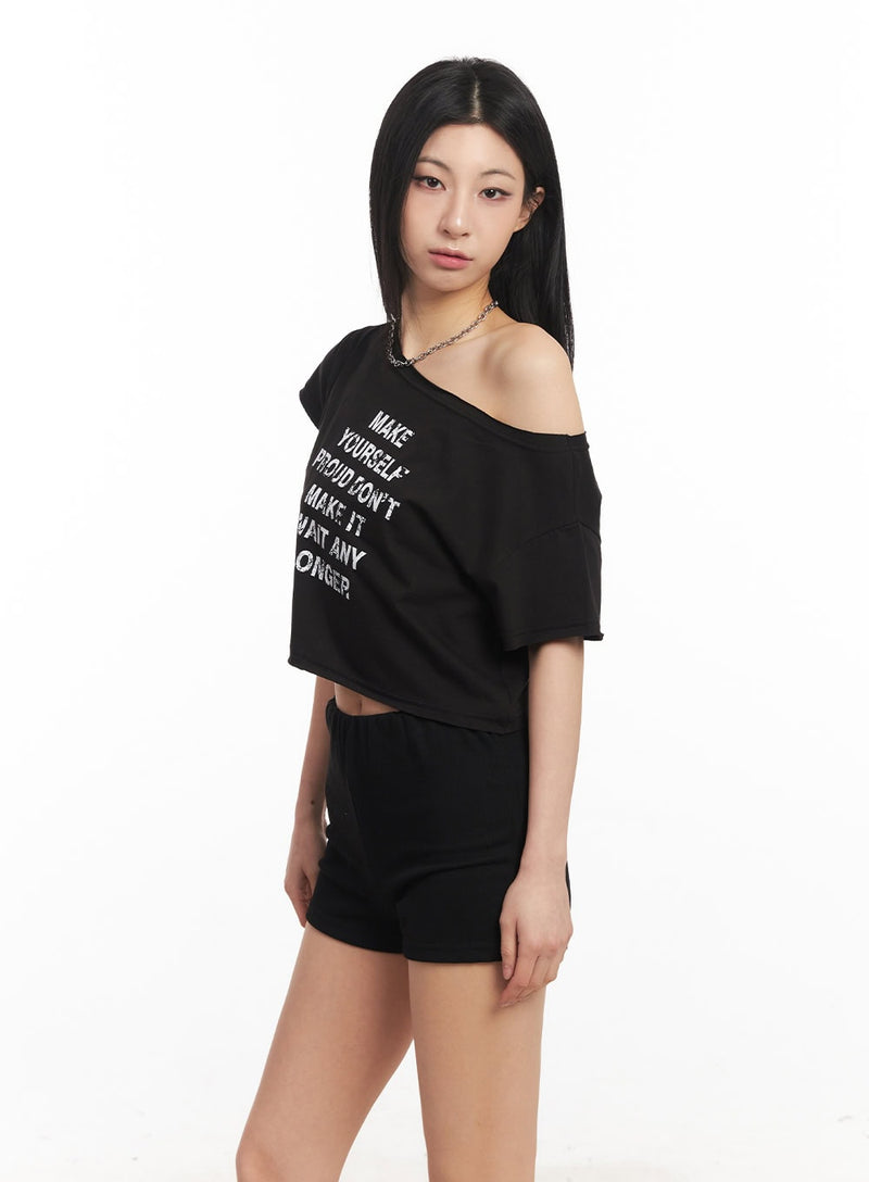 Off-Shoulder Graphic Crop Top CA514