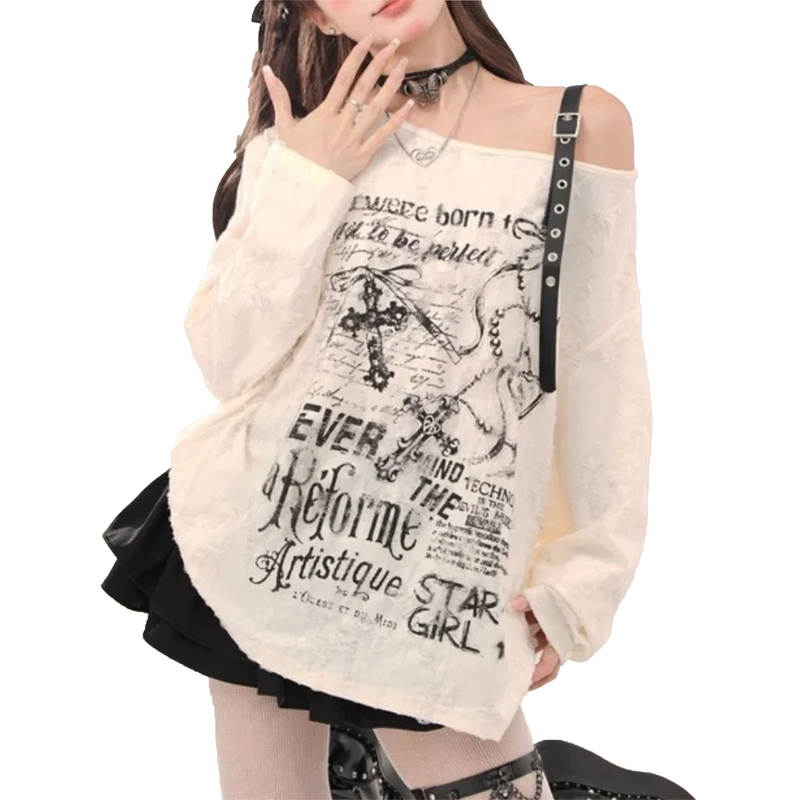 Gothic Cross Letter Graphic Off Shoulder Tops