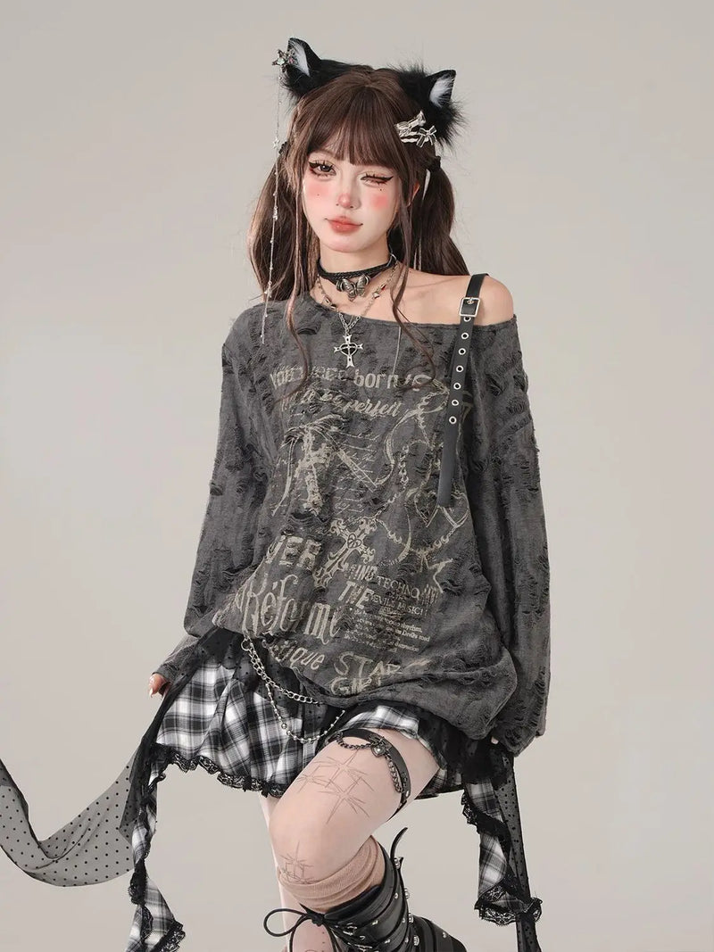 Gothic Cross Letter Graphic Off Shoulder Tops