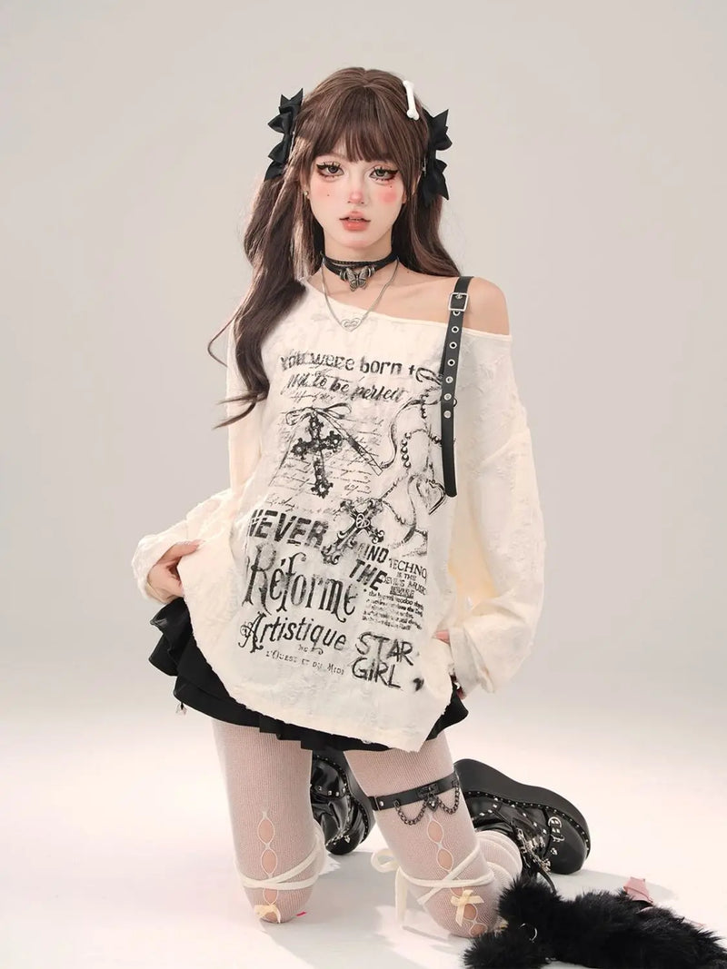 Gothic Cross Letter Graphic Off Shoulder Tops