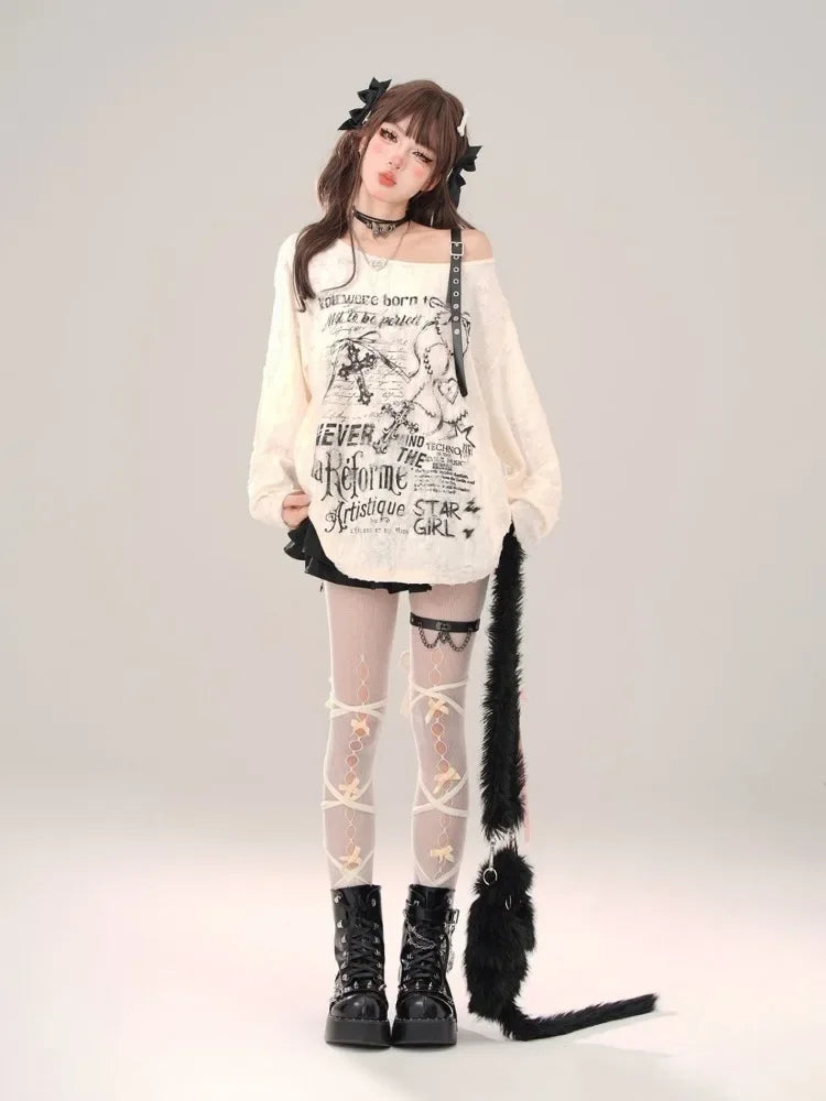 Gothic Cross Letter Graphic Off Shoulder Tops