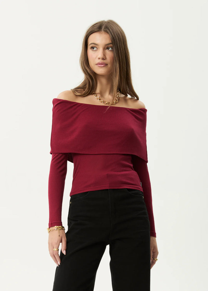 Beckett Off-Shoulder LS Top - Burgundy