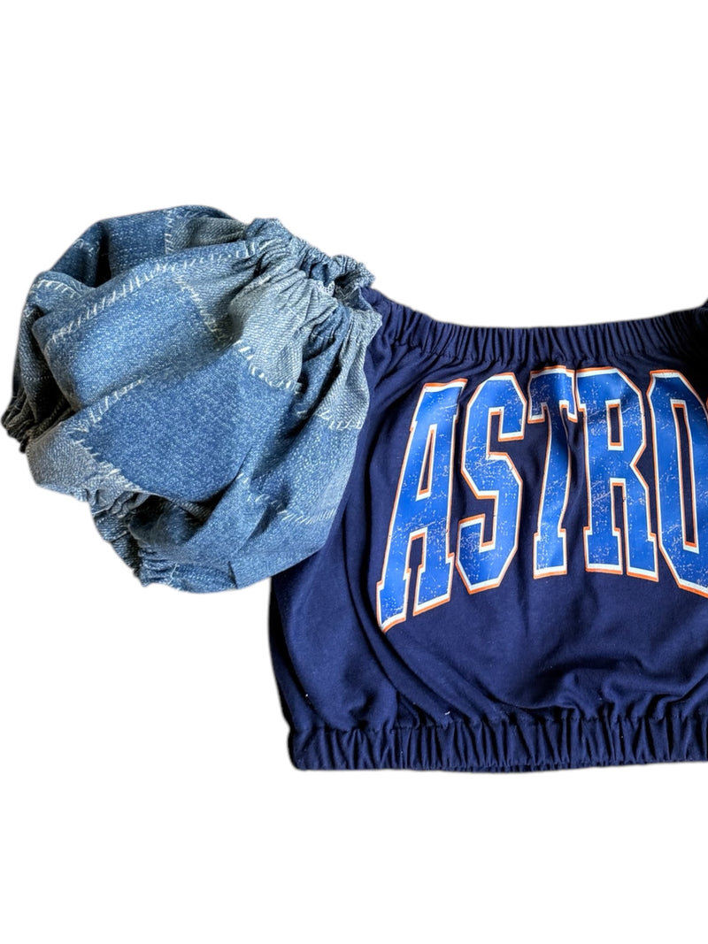 Astros Orange Navy Denim Block Puff (Choose between a T Shirt Puff or Off Shoulder)