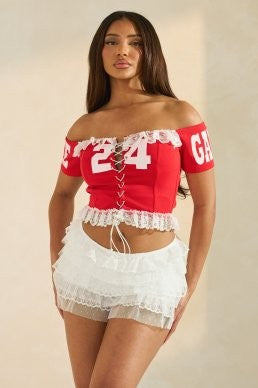 8586: GAME DAY OFF SHOULDER TOP