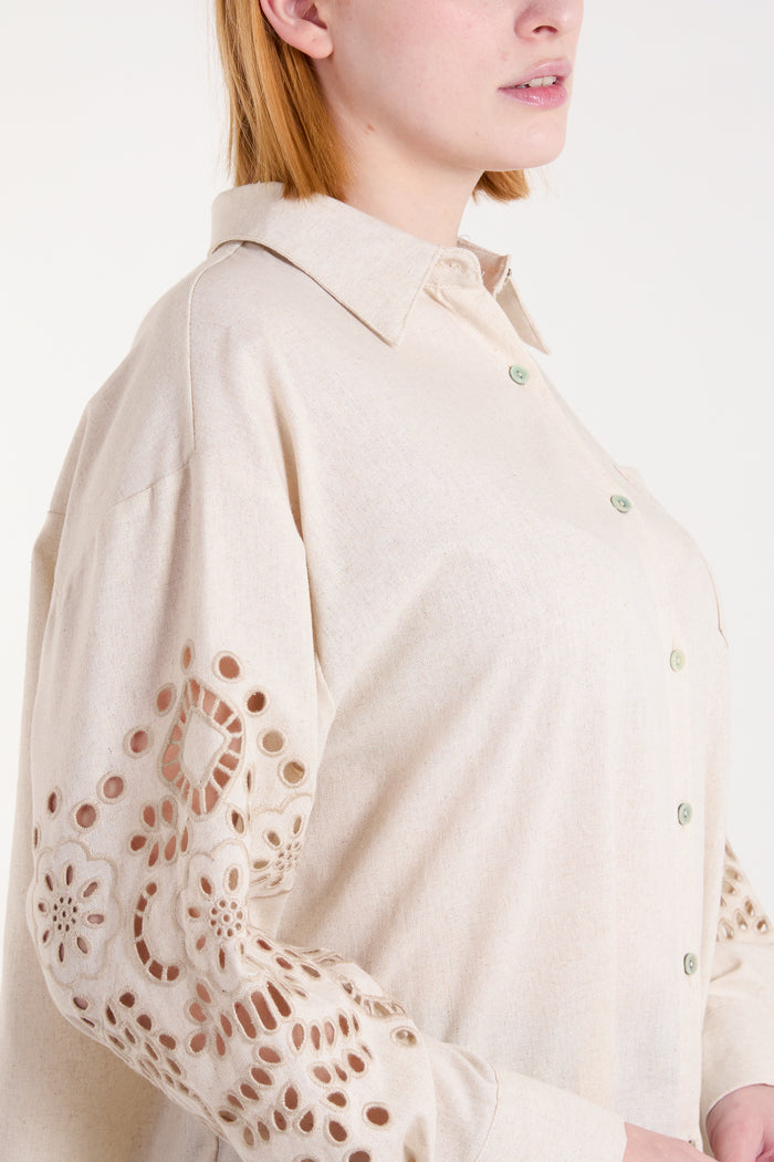 CUT OUT LINEN MIX SHIRT IN LIGHT STONE