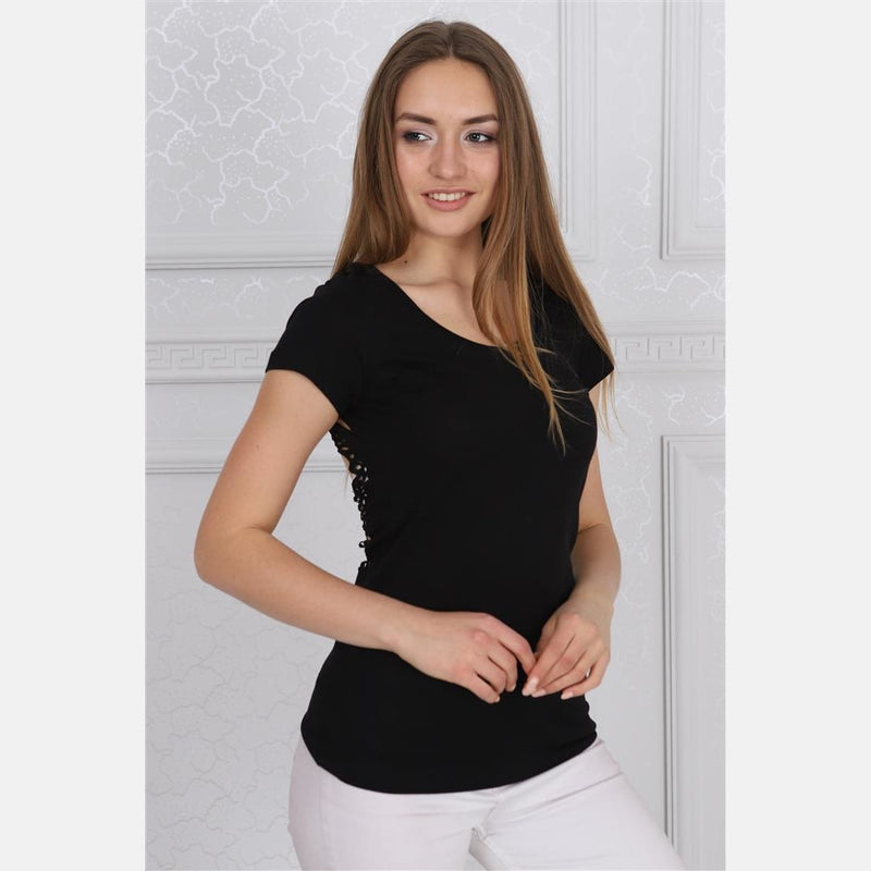 Black Skull Back Cut Out Cotton Women T-shirt