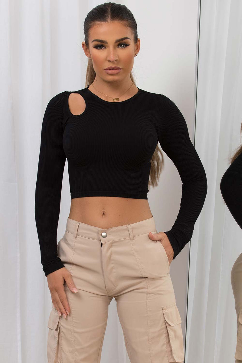 Ribbed Cut Out Long Sleeve Crop Top Black