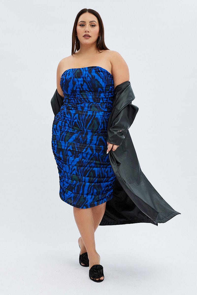 Blue Abstract Bodycon Dress Mesh Swirl Detachable Straps