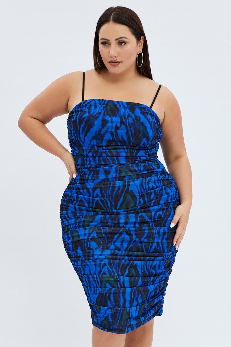 Blue Abstract Bodycon Dress Mesh Swirl Detachable Straps