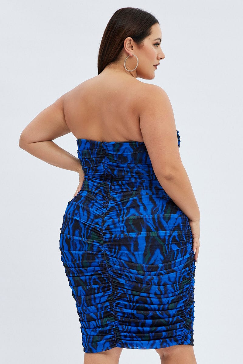 Blue Abstract Bodycon Dress Mesh Swirl Detachable Straps