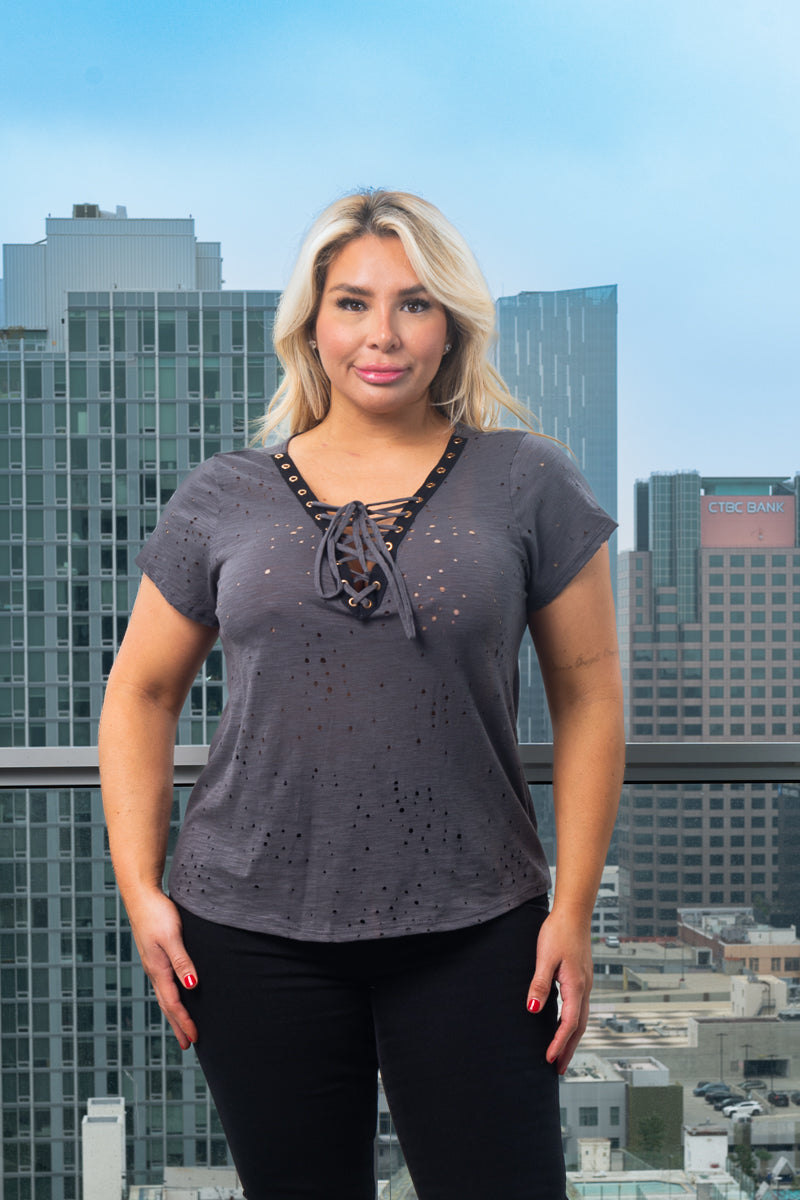 Plus Size Cut Out  Short Sleeve V-Neck Lace Up Top* (Z9143)