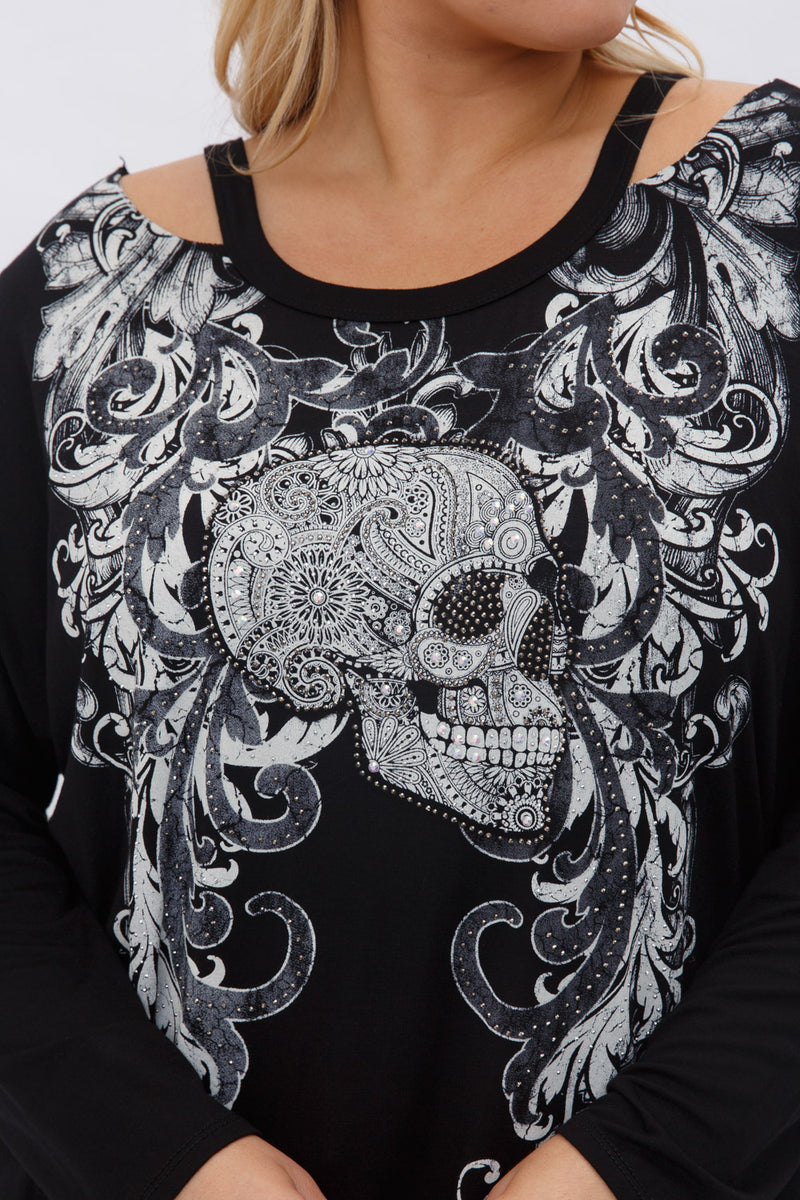 Plus Size New Womens Cut Out Long Sleeve Rhinestone stud Skull Top
