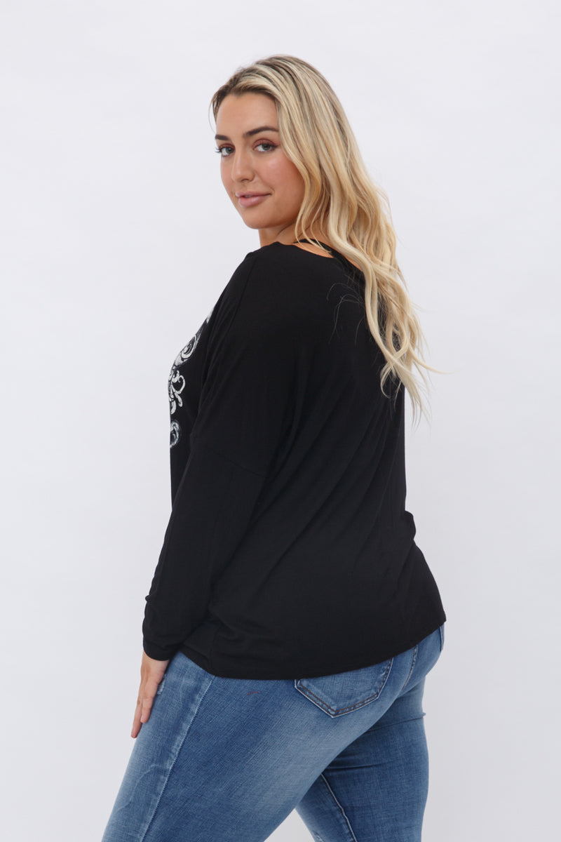 Plus Size New Womens Cut Out Long Sleeve Rhinestone stud Skull Top
