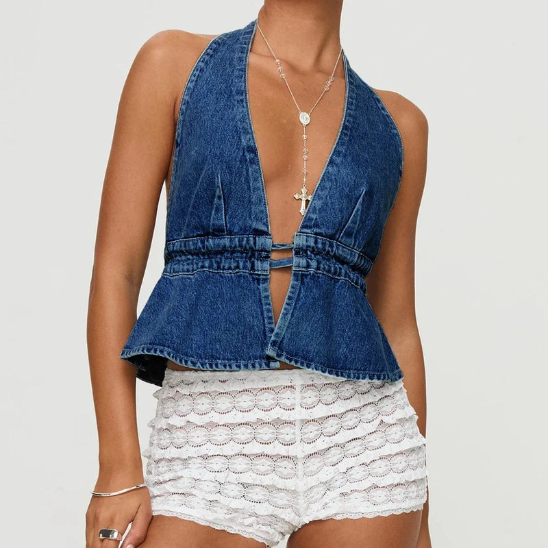 Combhasaki Women's Y2K Summer Halter Neck Crop Tops Bow Tie-up Sleeveless Deep V-Neck Backless Solid Color Denim Flare Vest