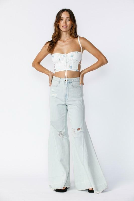 Fiona White and Blue Floral Backless Bustier Crop Top