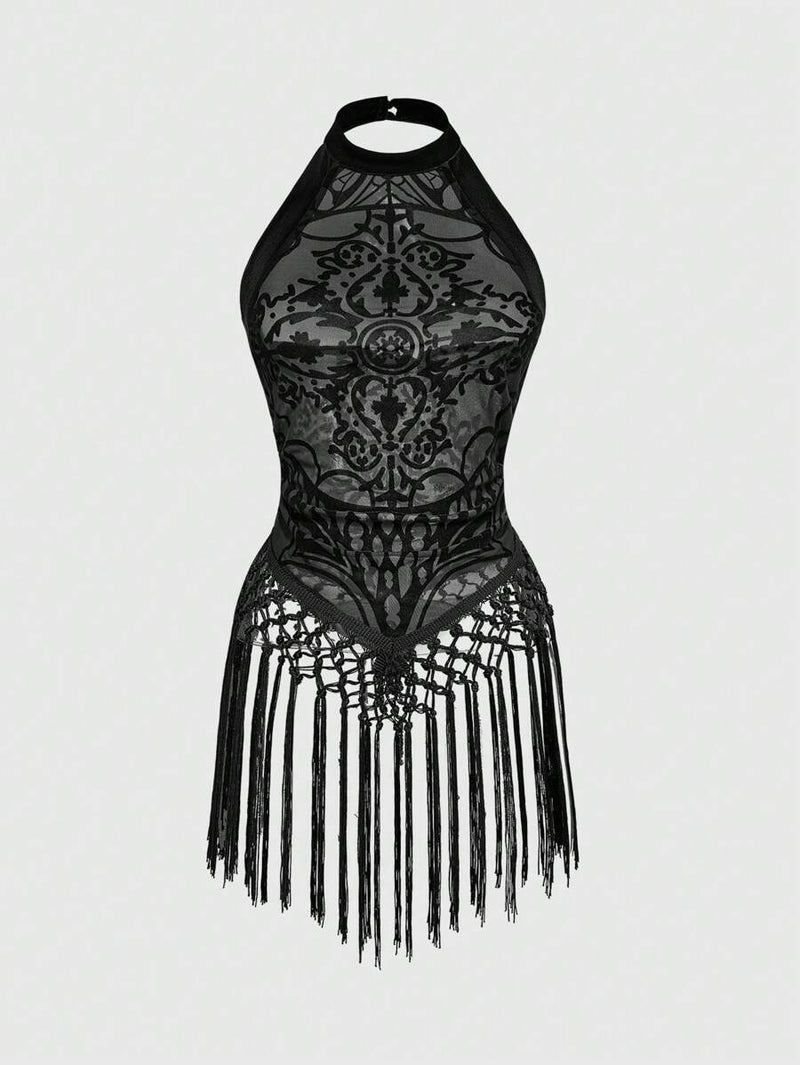 Gothic Vintage Card Pull  Vintage Palace Tassel Backless Halter Top