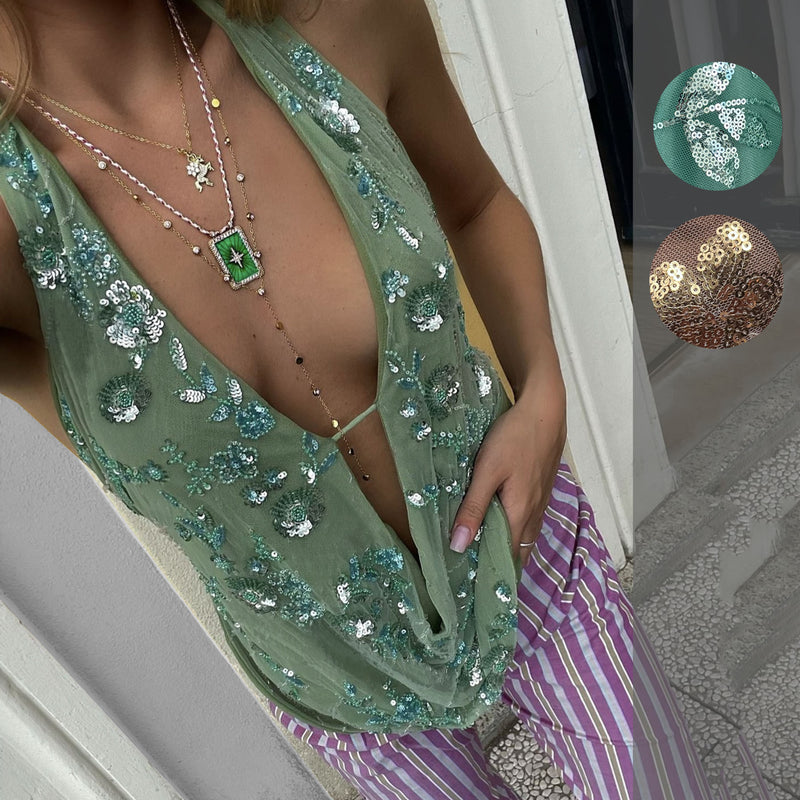 Sequin Backless Halter Top | Sexy Mesh Party Top